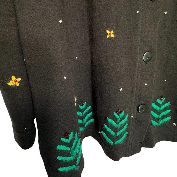 Bechamel Black Knit Button Christmas Cardigan Womens Small Poinsettia VTG FLAW‎ - Image 7