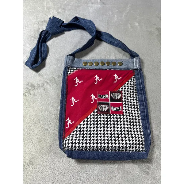 Handmade University of Alabama Denim Crossbody Purse Patchwork Crimson Tide Bag - Image 3