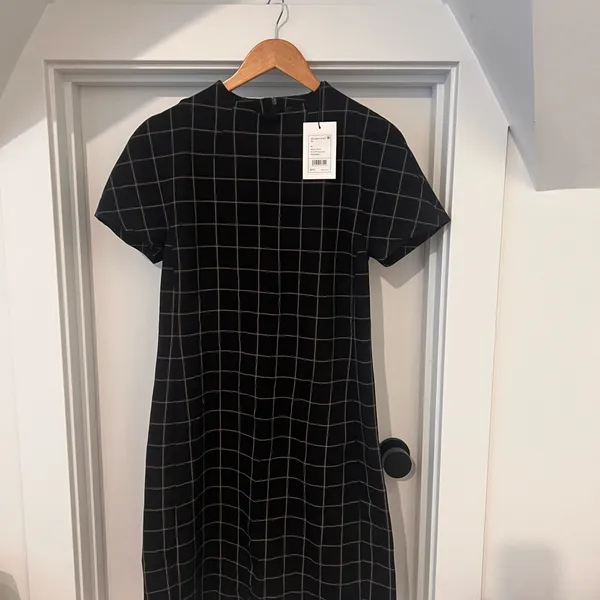 Theory Black Windowpane Sheath Midi Dress with Mock Neck Office NWT Retail $395 - Image 2