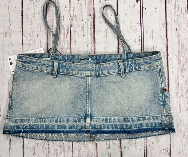 ZARA NWT Cropped Denim Jean Top Distressed w/ Spaghetti Straps Light Blue Wash - Image 6