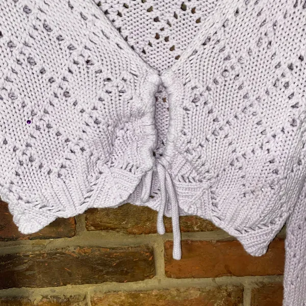 Francesca's Blue Rain Lilac Belle Keyhole Crochet Crop Cardigan Sweater Medium - Image 4