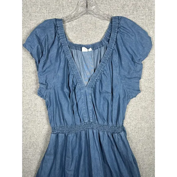 GAP Large Womens Dress Puff Sleeve Denim Midi‎ V-Neck 100% Cotton Medium Wash - Image 6