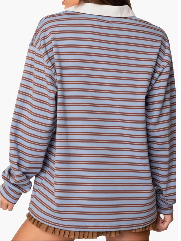 Edikted Stripe Long Sleeve Oversize Polo Fall Oversized Small - Image 2