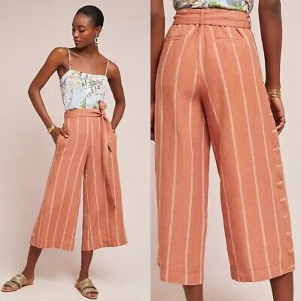Anthropologie‎ Orange Striped Portia Linen Wide Leg Tie Waist Pants - Image 2