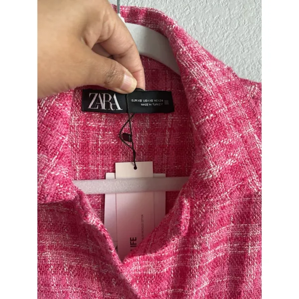ZARA Pink Plaid Tweed Shacket Oversized Shirt Jacket Boucle Coquette XS NEW - Image 7