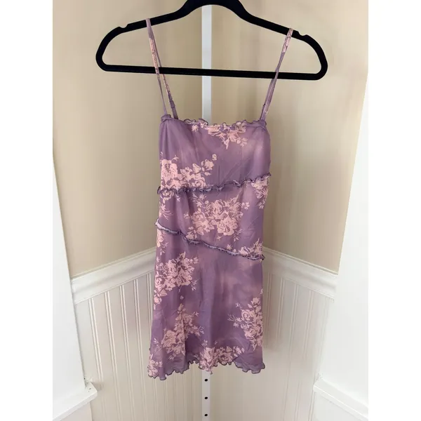 Cider Y2K Purple Floral Mesh Ruffle Mini Dress XS Lettuce Trim Cottagecore Fairy - Image 3