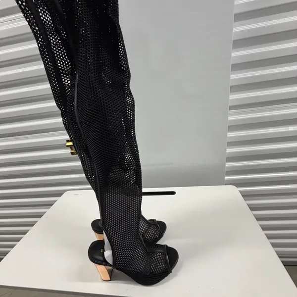 Bamboo Black Fishnet Mesh Thigh High Boots Rose Gold Block Heel Open Toe Size 8 - Image 2