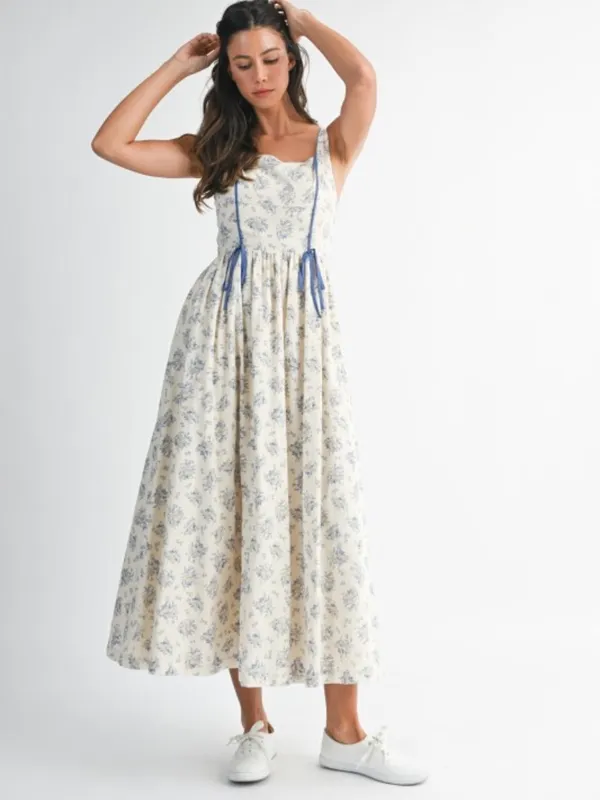 Floral Print Square Neck Contrast Pipinig Dress - Image 2
