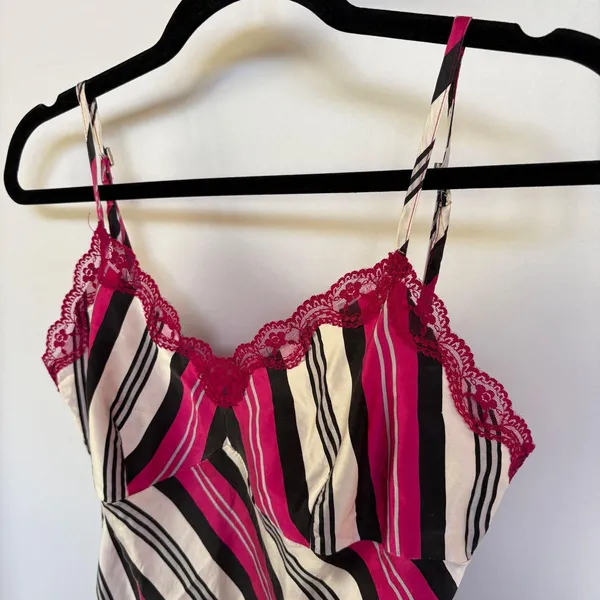 Y2K Hot Pink Silk Striped Lace Tank Top Cami 2000s Babydoll Indie Sleeze Medium - Image 4