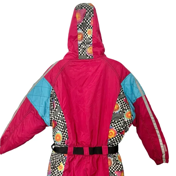 Vintage 90s Blue Pink Checkerboard Hooded Ski Suit One Piece Size S *GOOD* - Image 16
