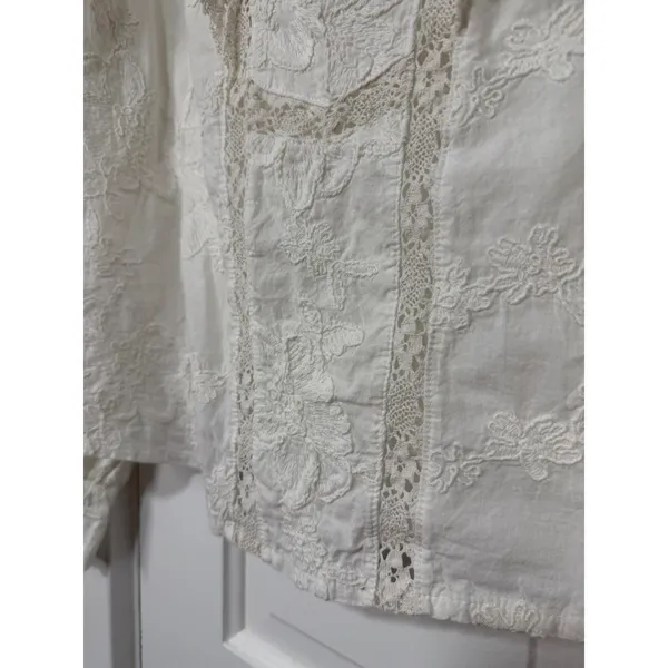 Ultra Pink White Embroidered Lace Victorian Mock Neck Cotton Blouse Top Medium - Image 10