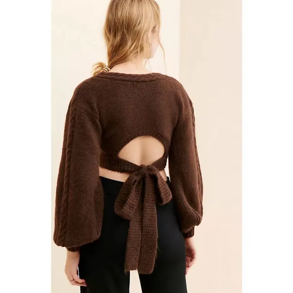 For Love & Lemons Cropped Amelia Sweater Chic Brown Knit with Back Tie Size XL - Image 2