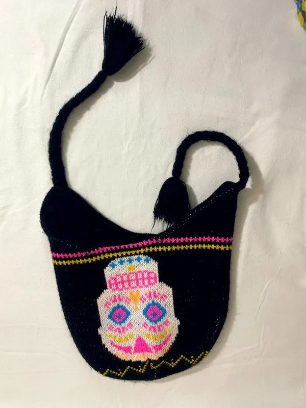 Sugar Skull Knit Beanie Hat Ear Flap Tassel Winter Cap Black OSFM Adult Fleece - Image 4
