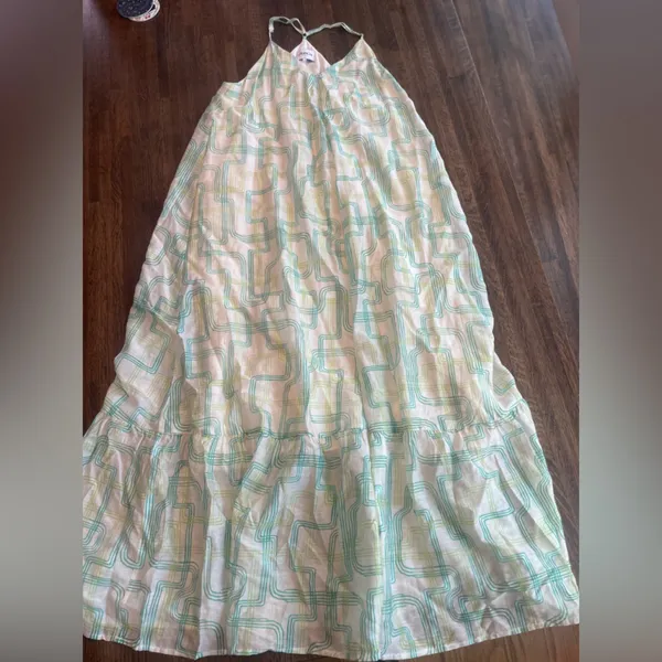FRNCH Maxi White/Green/Blue Linen Sundress Summer Beach Boho Whimsical - Size M - Image 5