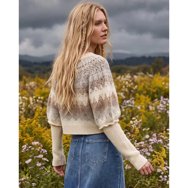 Free People Wool Fair Isle Puff Sleeve Sweater Home For the Holidays Small - Image 2