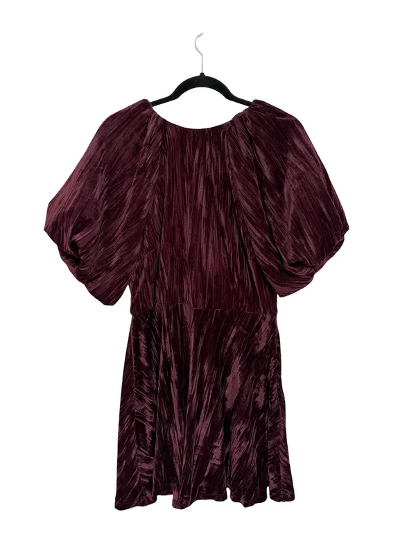 NEW H&M Velvet Balloon Sleeve Ribbon Bow Back Mini Dress in Burgundy - Size M - Image 3