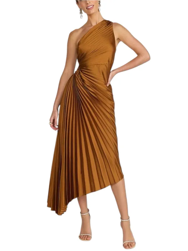 Dress Forum One Shoulder Pleated Asymmetrical Satin Midi Dress SMALL in Copper - Image 2