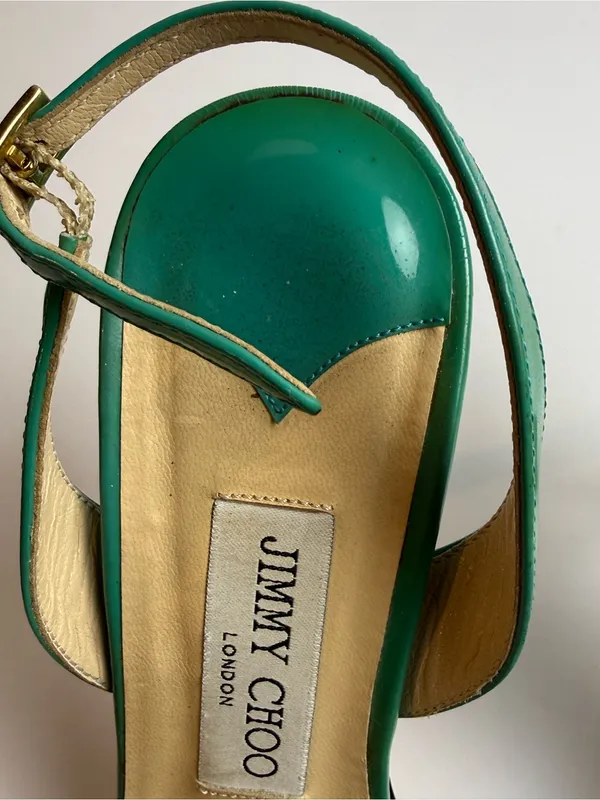 Jimmy Choo Green Patent Leather Strappy Slingback Stiletto Sandals Size 39.5‎ - Image 12