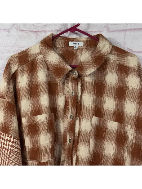 Fate Oversized Plaid Shacket Women’s Large Brown Cream Mixed Print Button NWT - Image 2
