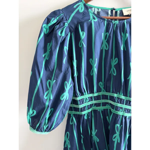 Umgee‎ Navy Blue Green Bow Print Cotton Midi Dress Medium Puff Sleeve - Image 9