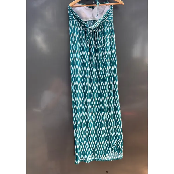 Robin Piccone Maxi Dress Women's Large Blue White Geometric Halter Stretch - Image 5