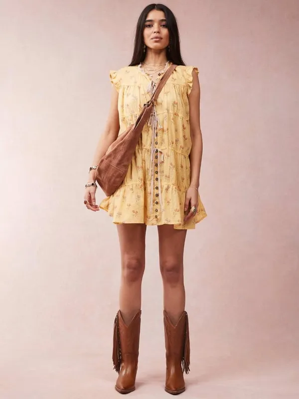Free People Bohemian Prairie Sundown Mini Dress Tunic Top Sunshine Combo Large - Image 4