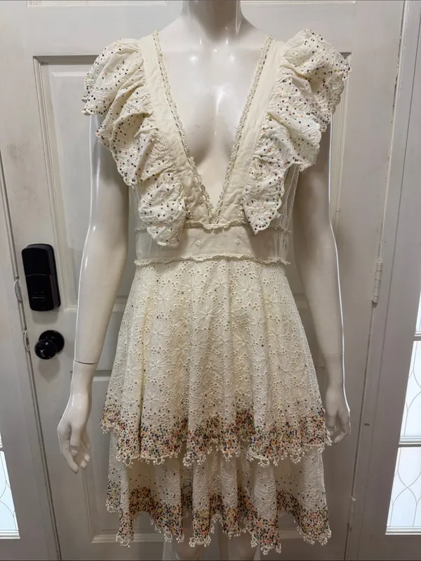 Farm Rio Cotton Beaded Eyelet Mini Dress Size small - Image 4