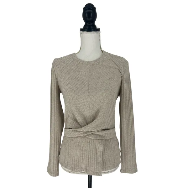 Tanya Taylor Kelsey Rib Knit Twist Front Long Sleeve Top‎ Beige M - Image 2