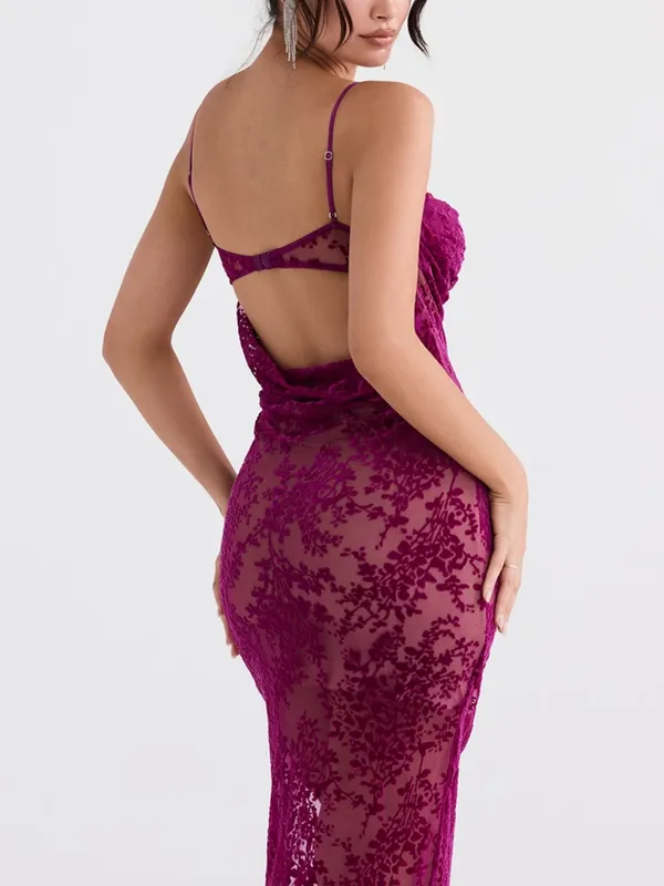 House of CB Ione Cranberry Devore Midi Mesh Burnout Velvet Style Dress Size: S - Image 3