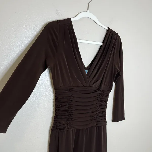 Women's‎ Y2K Vtg Dress Espresso Chocolate Brown Ruched V Neck Twee Babydoll Sz 6 - Image 2