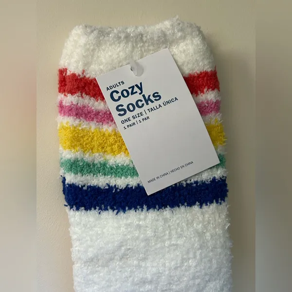 Old Navy Women’s Cozy Socks White Rainbow Stripe Plush Socks One Size NWT - Image 2