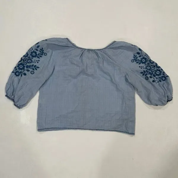 Max Studio London Blue Embroidered Peasant Blouse Women’s Size M - Image 2