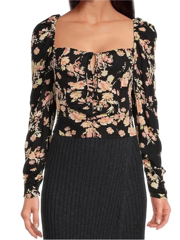 Free People Black Boho Floral Print Long Sleeve W/ Smock Detail Viscose Top NWT - Image 9