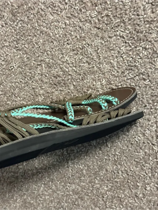 Plaka Size 7 Brown Turquoise Braided Rope Flat Sandals Bohemian Outdoors Beach - Image 8