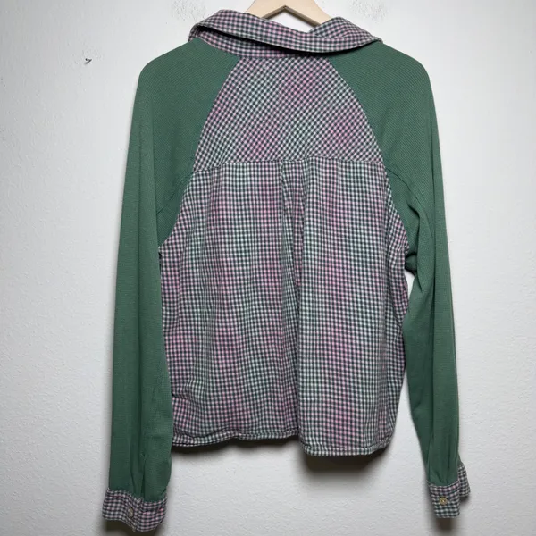 Oli & Hali Womens 100% Cotton Button Up Shirt M Green Pink Gingham Waffle Knit - Image 4