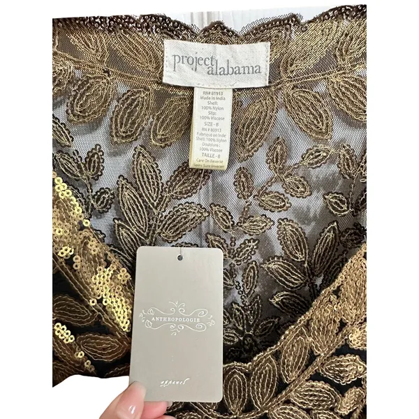 Anthropologie Project Alabama Gold‎ Leaf Sequin Black V-Neck Mini Dress 8 NEW - Image 4