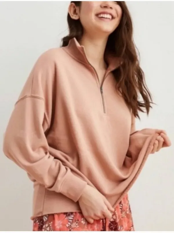 Aerie Womens Size Small Sunday Soft Quarter Zip Sweatshirt Tan Terry Cloth Lined - Image 2