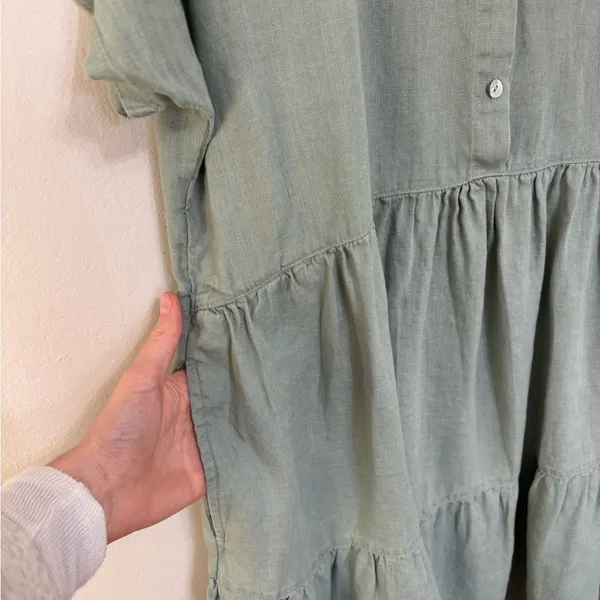 Tahari 100% Linen Popover Tiered Shirt Dress in Light Green - Size M - Image 4