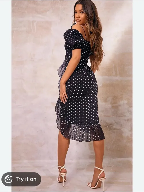 Pretty Little Thing Black Polka Dot Puff Sleeve Off Shoulder Midi Dress Size 6 - Image 2