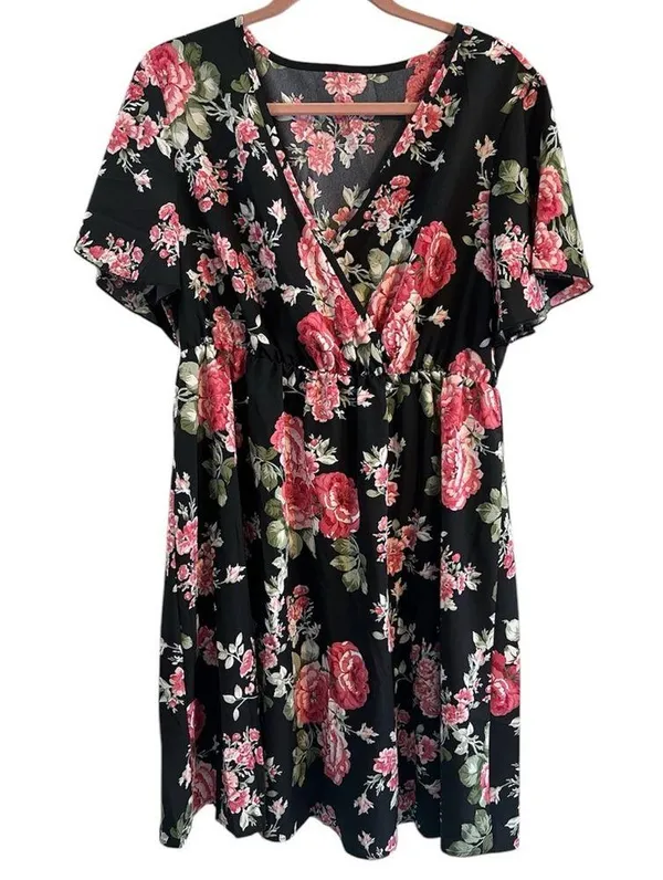 New Floral V-Neck Midi Dress Size 1X (14) Faux Wrap Neckline Flutter Sleeves - Image 2