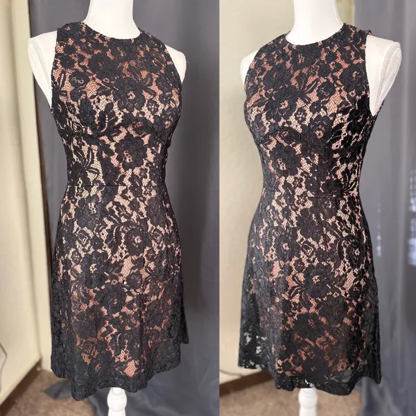 French Connection Floral Lace Sleeveless Mini Cocktail Dress Womens 4 Black Nude - Image 9
