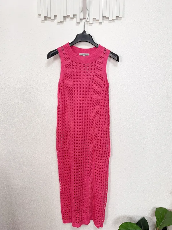 Miss Sparkling Hot Pink Crochet Open Knit Maxi Dress Swim Cover Up - Image 2
