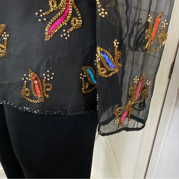 Stenay Vintage Sequin‎ Beaded Silk Blouse Black Multi XL - Image 6