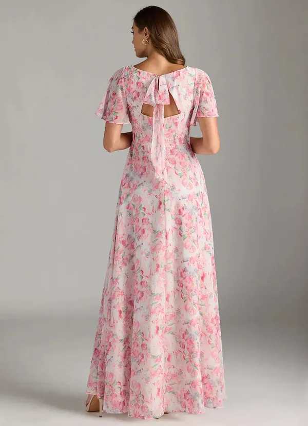Azazie Bridesmaid Dress Chiffon Abstract Watercolor Floral Pink A6 - Image 2