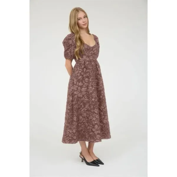 August Sky Floral Jacquard Sweetheart Neck Midi Dress Dusty Mauve Med #400 - Image 3