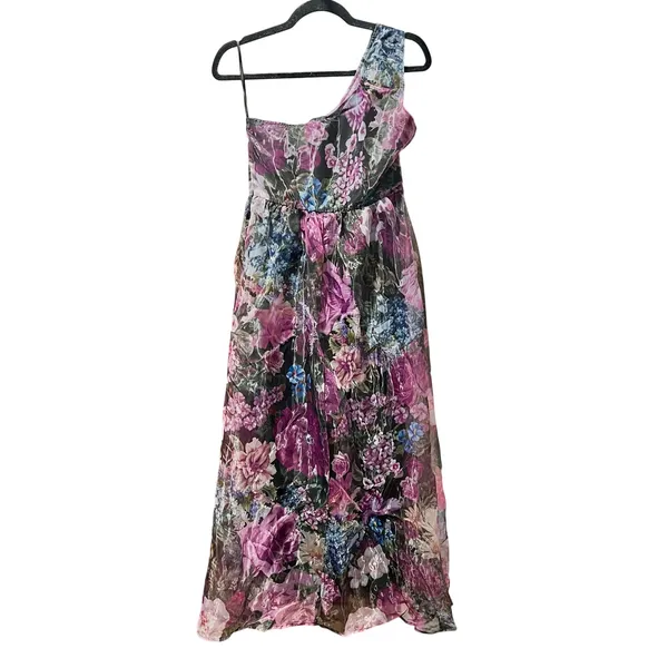 SheIn Stunning One-Shoulder Floral Organza Sheer Maxi Dress Purple & Black M - Image 2