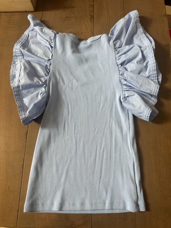 Zara Size Small light blue ribbed Ruffle Sleeve Top Blouse - Image 3