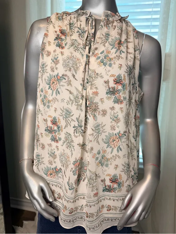 Max Studio Floral Sleeveless Blouse Large Boho Tie Neck Cream Ivory Cottagecore - Image 2