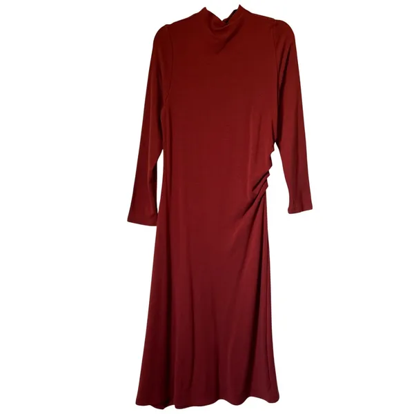 OGL Eco-Mousse ProWarm Long Sleeves Mockneck Tucks Midi Dress Rust Red XL - Image 2