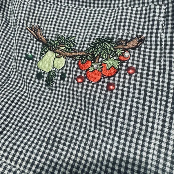 Mili Designs Vintage Gingham Fruit Embroidered Button Down Shirt Black White L - Image 8